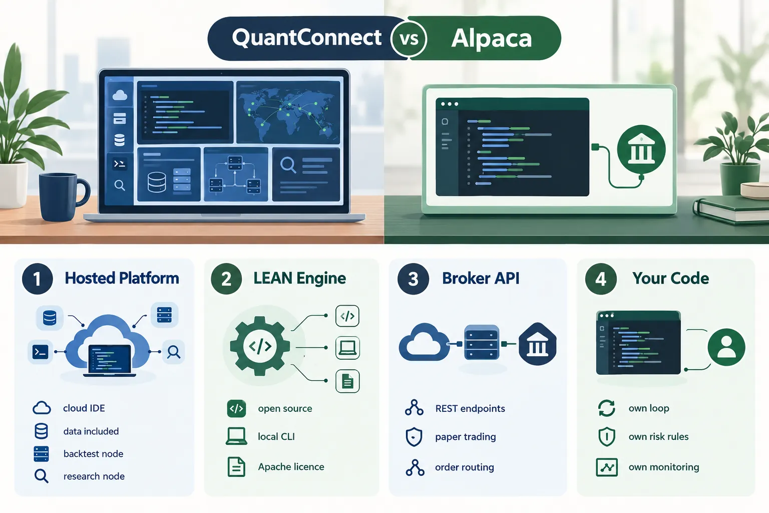 QuantConnect vs Alpaca stack: hosted platform, LEAN engine, broker API and your own code
