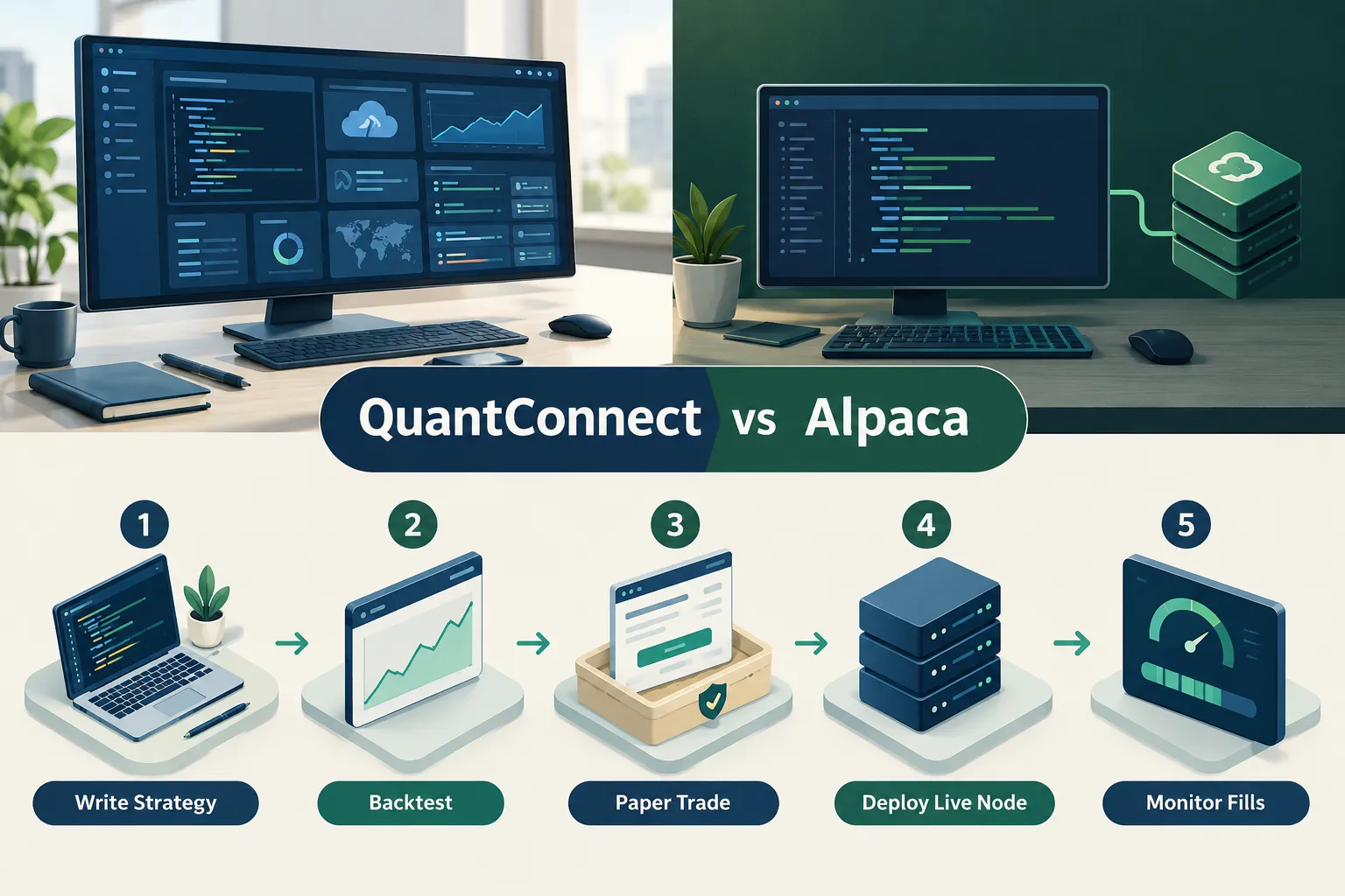 Five step workflow from write strategy to backtest, paper trade, deploy live node and monitor fills