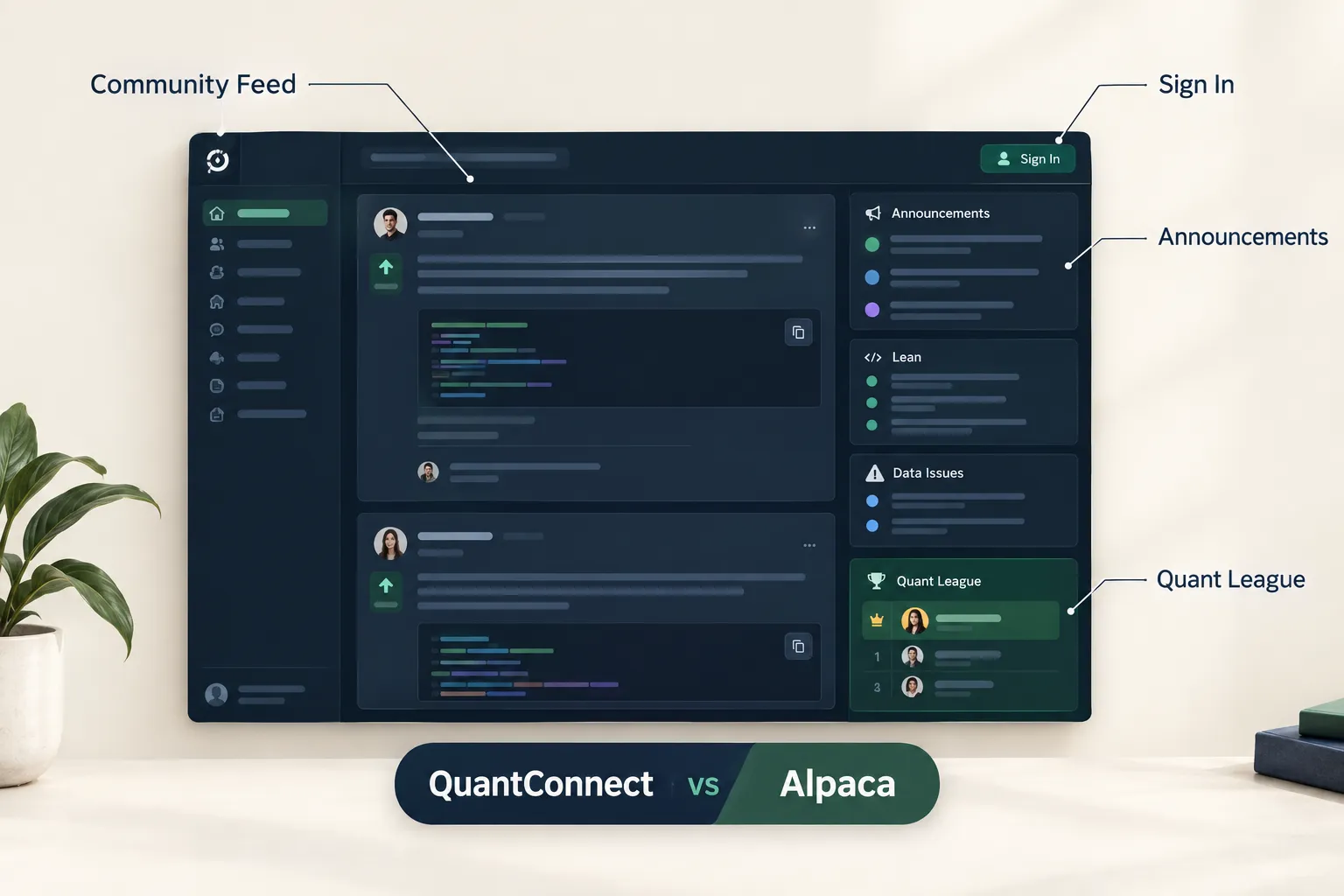 Illustrated quant community feed with announcements, Lean, data issues and Quant League panels