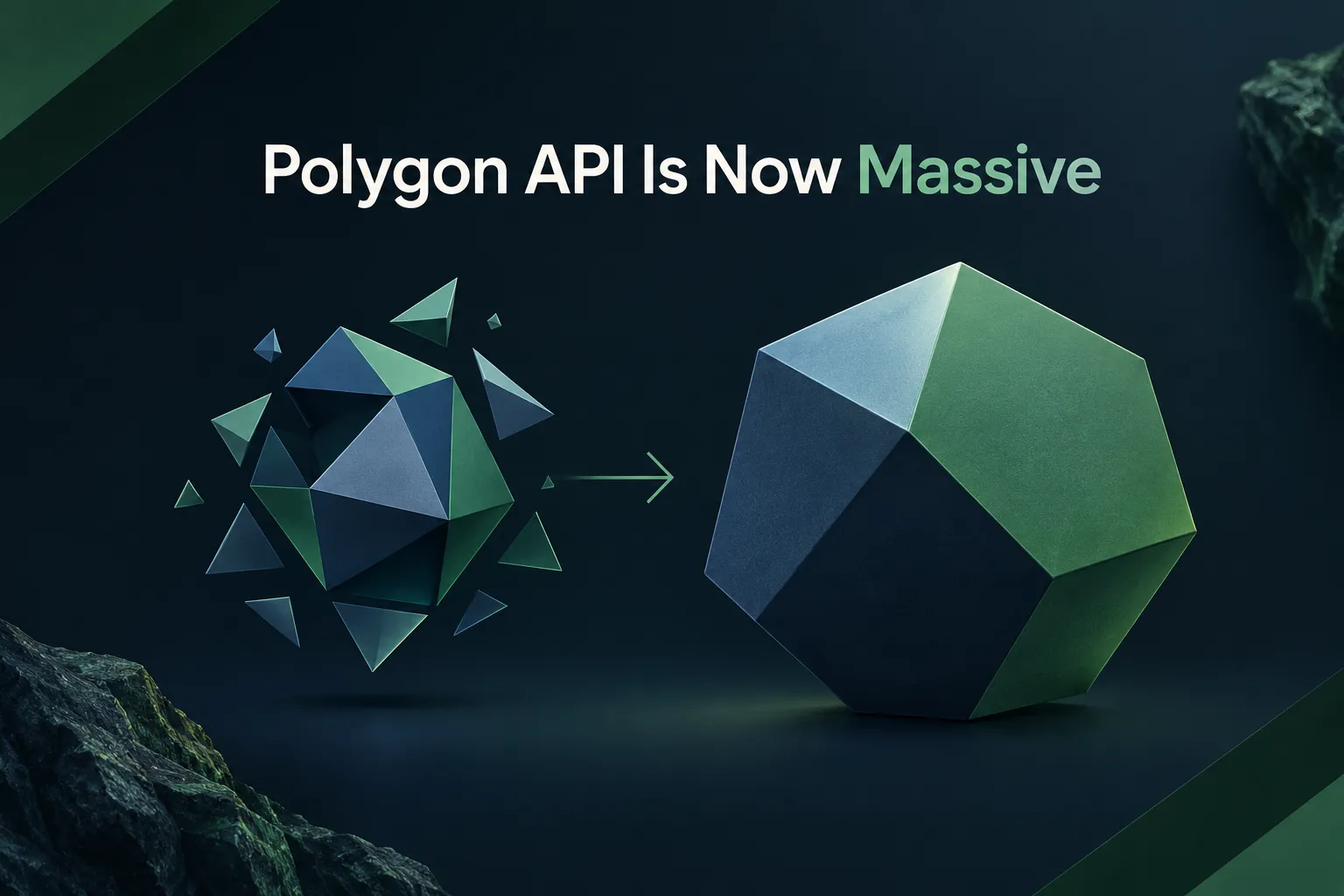 Illustration of the Polygon.io to Massive rebrand, a fragmented polyhedron transforming into one large solid shape with an arrow between them