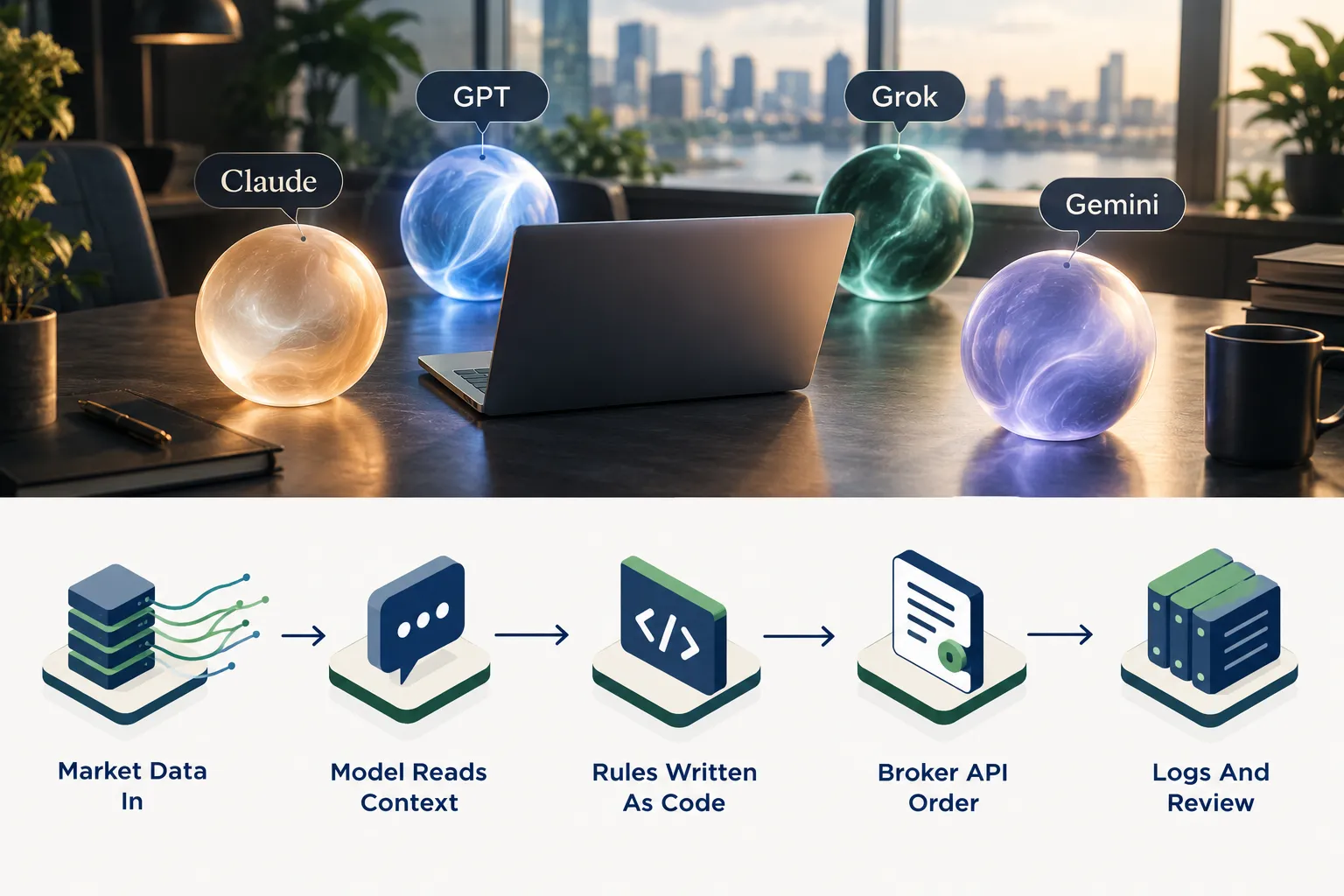 AI trading bot pipeline diagram: market data in, model reads context, rules written as code, broker API order, logs and review, with orbs labeled Claude, GPT, Grok and Gemini