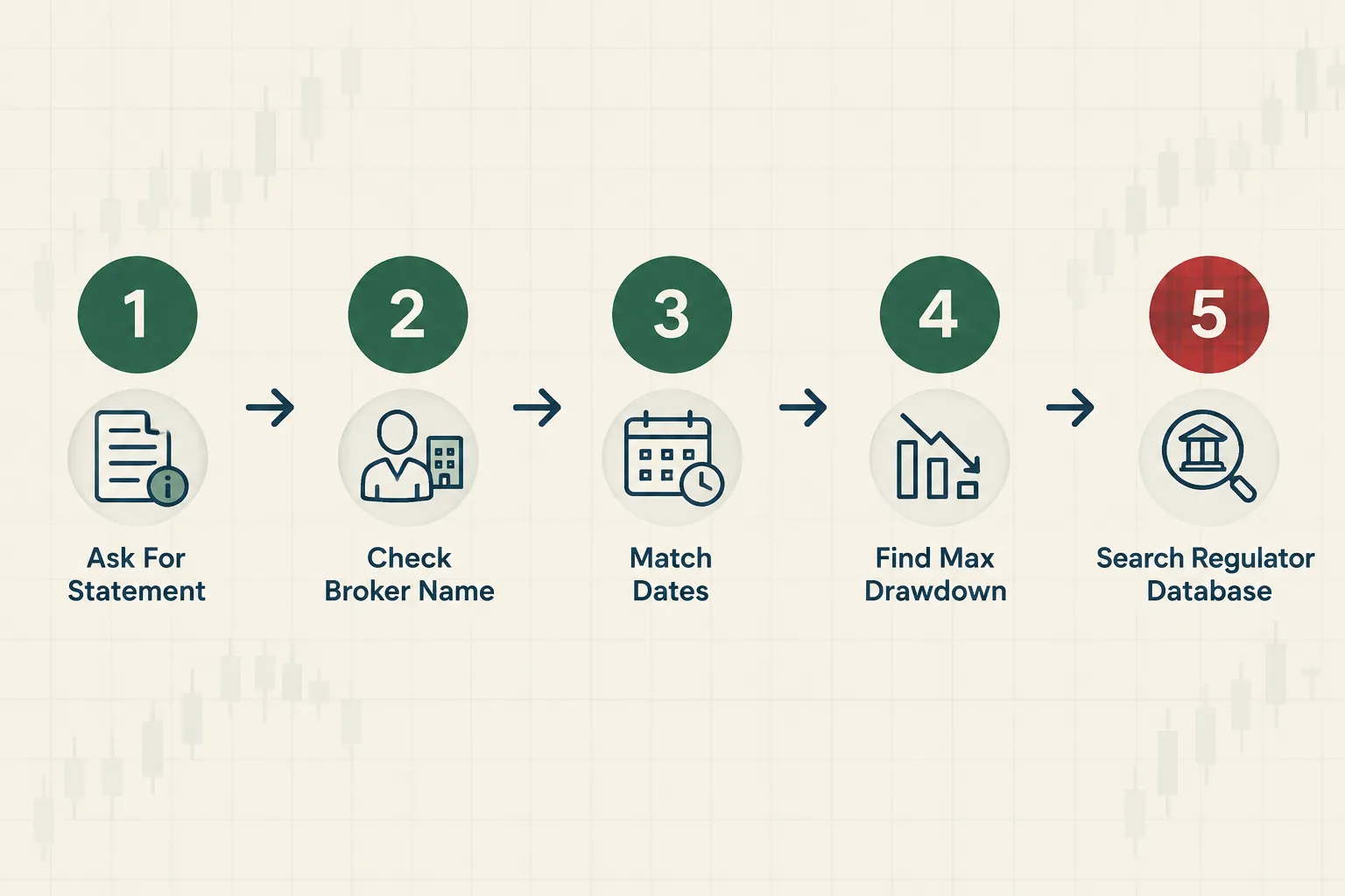 Five-step check for AI trading bot claims: ask for statement, check broker name, match dates, find max drawdown, search regulator database