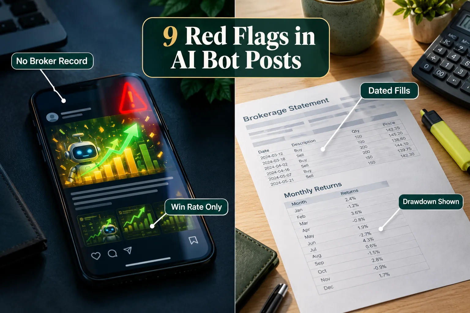 Phone showing an AI bot post with no broker record and a win rate only, next to a brokerage statement with dated fills and drawdown shown