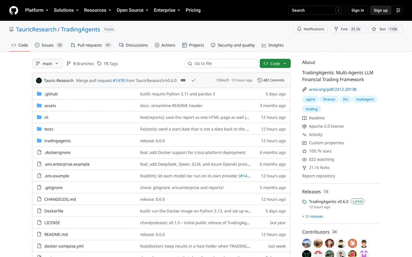 TradingAgents GitHub repository page by TauricResearch showing the Apache-2.0 license, 109.7k stars and the v0.6.0 release, October 4, 2026