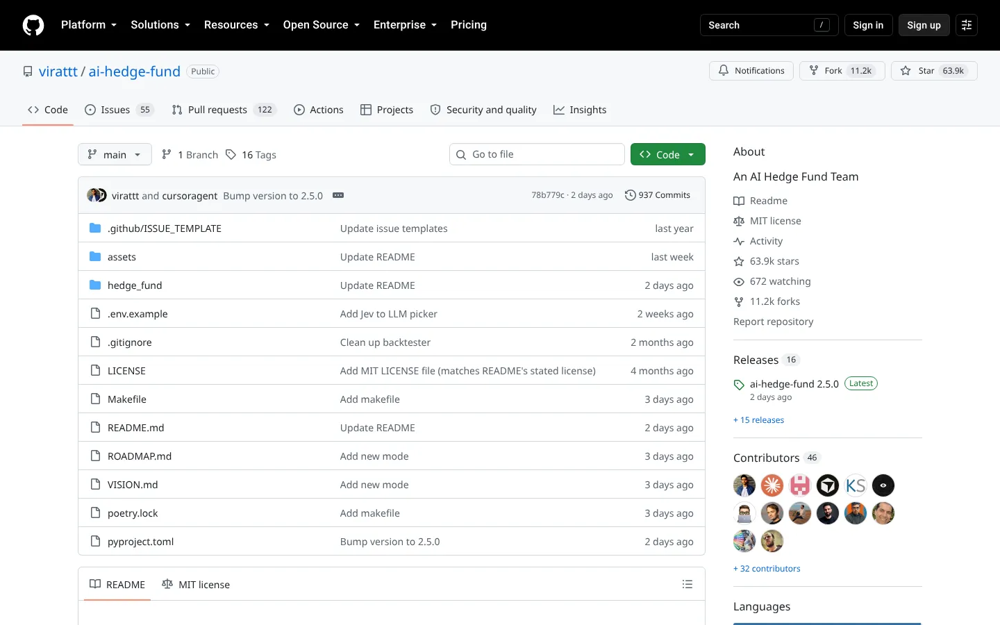 virattt ai-hedge-fund GitHub repository page showing the MIT license, 63.9k stars and the ai-hedge-fund 2.5.0 release, October 4, 2026