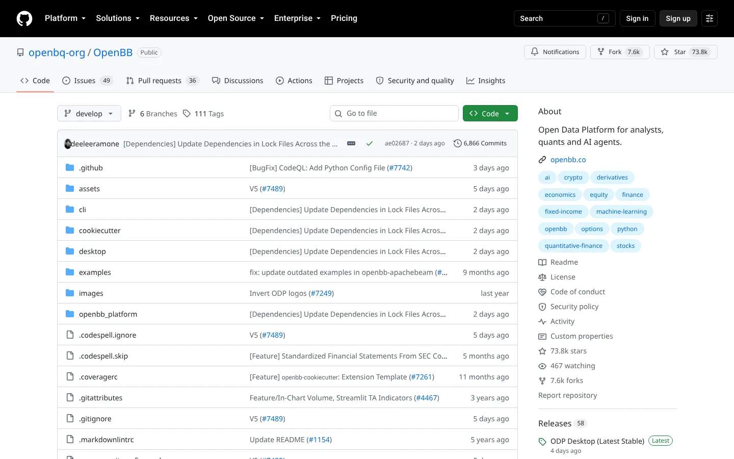 OpenBB Open Data Platform GitHub repository page showing 73.8k stars, the develop branch and the openbb_platform folder, October 4, 2026