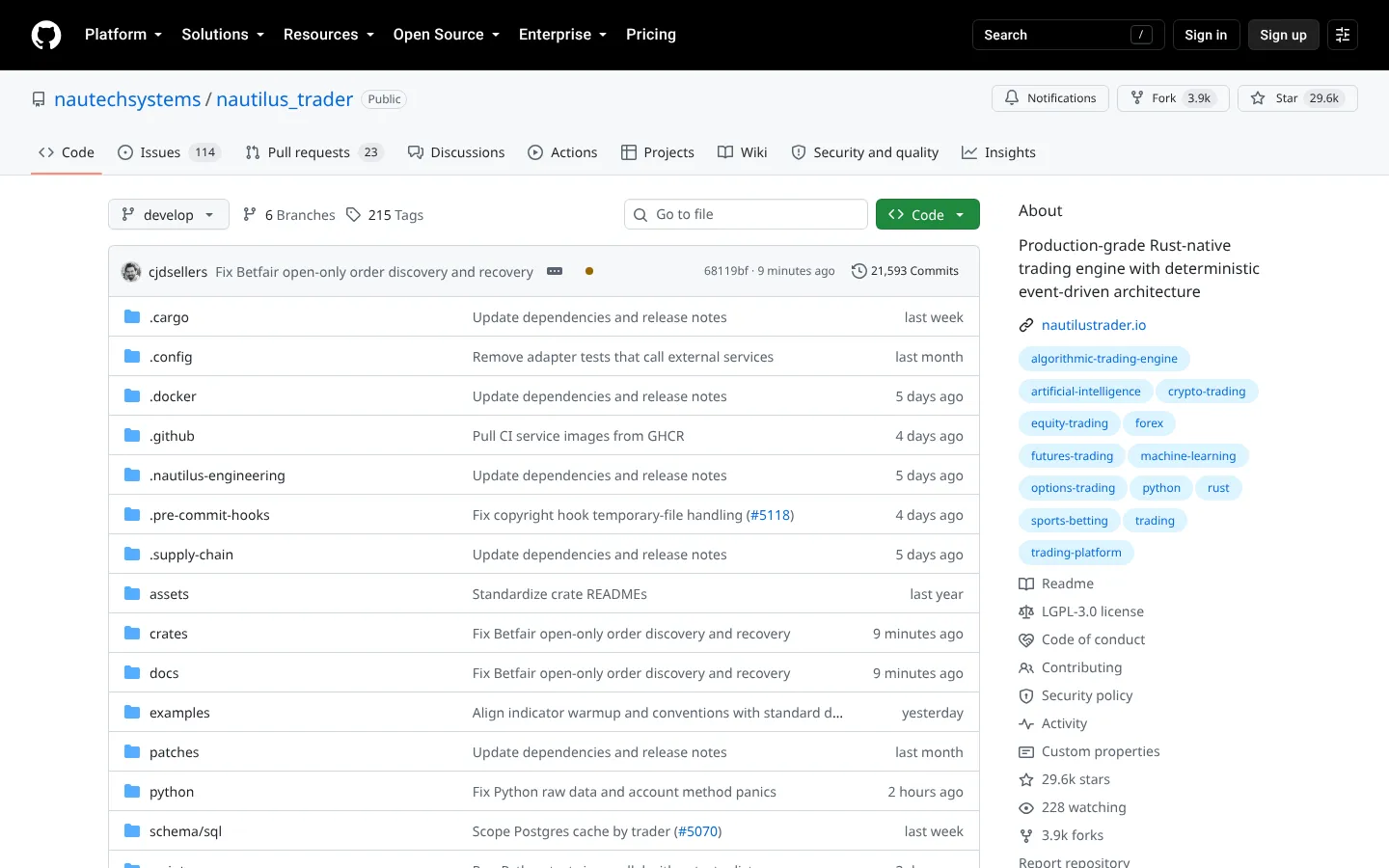NautilusTrader GitHub repository page by nautechsystems showing the LGPL-3.0 license, 29.6k stars and its Rust-native trading engine description, October 4, 2026