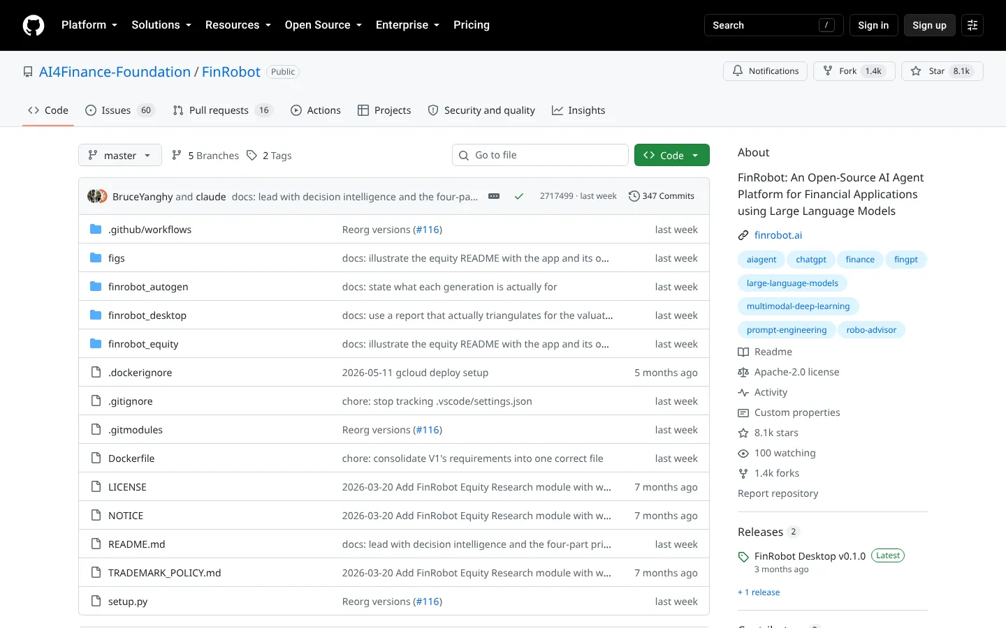 AI4Finance Foundation FinRobot GitHub repository page showing the Apache-2.0 license, 8.1k stars and the FinRobot Desktop v0.1.0 release, October 4, 2026