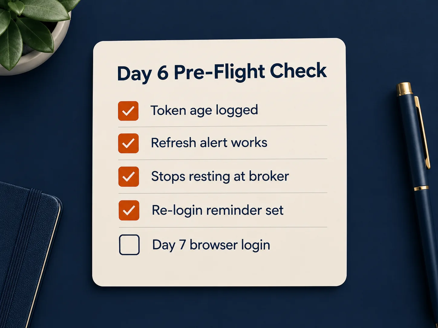 Day 6 pre-flight checklist card for a Schwab API bot: token age logged, refresh alert works, stops resting at broker, re-login reminder set, Day 7 browser login still open