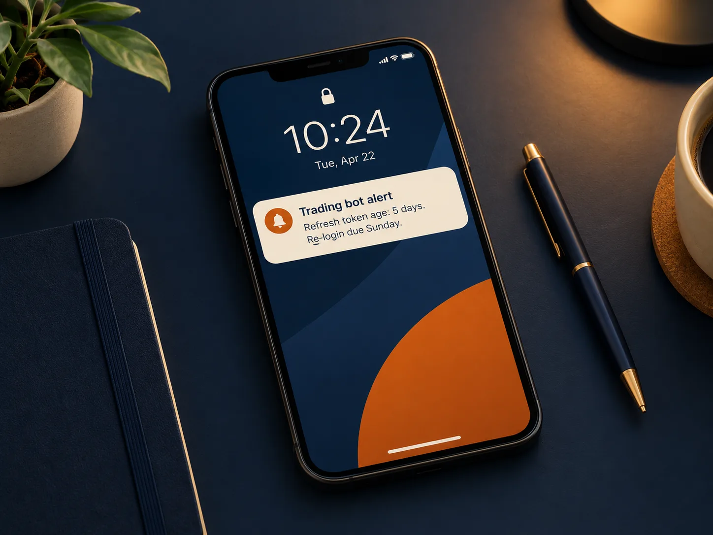 Phone lock screen showing a trading bot push alert reading refresh token age 5 days, re-login due Sunday