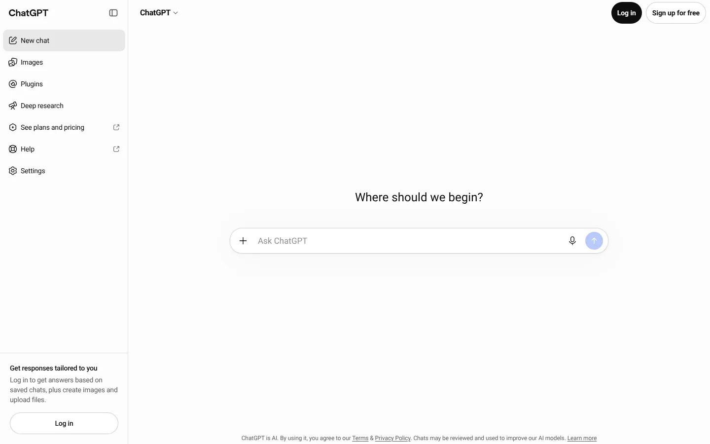 ChatGPT homepage at chatgpt.com with its prompt box, October 2026