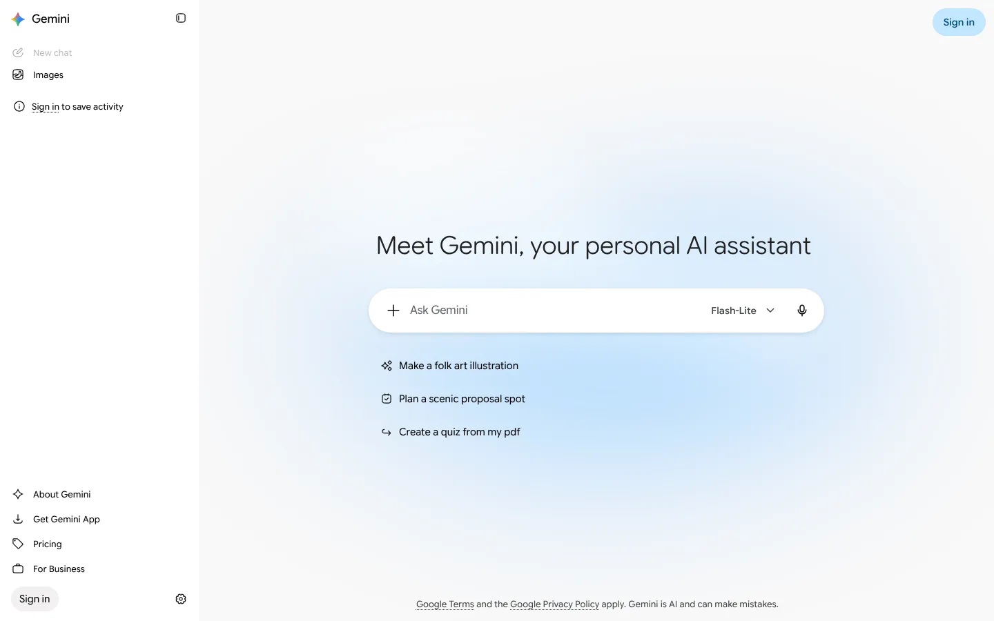 Gemini homepage at gemini.google.com with its prompt box, October 2026