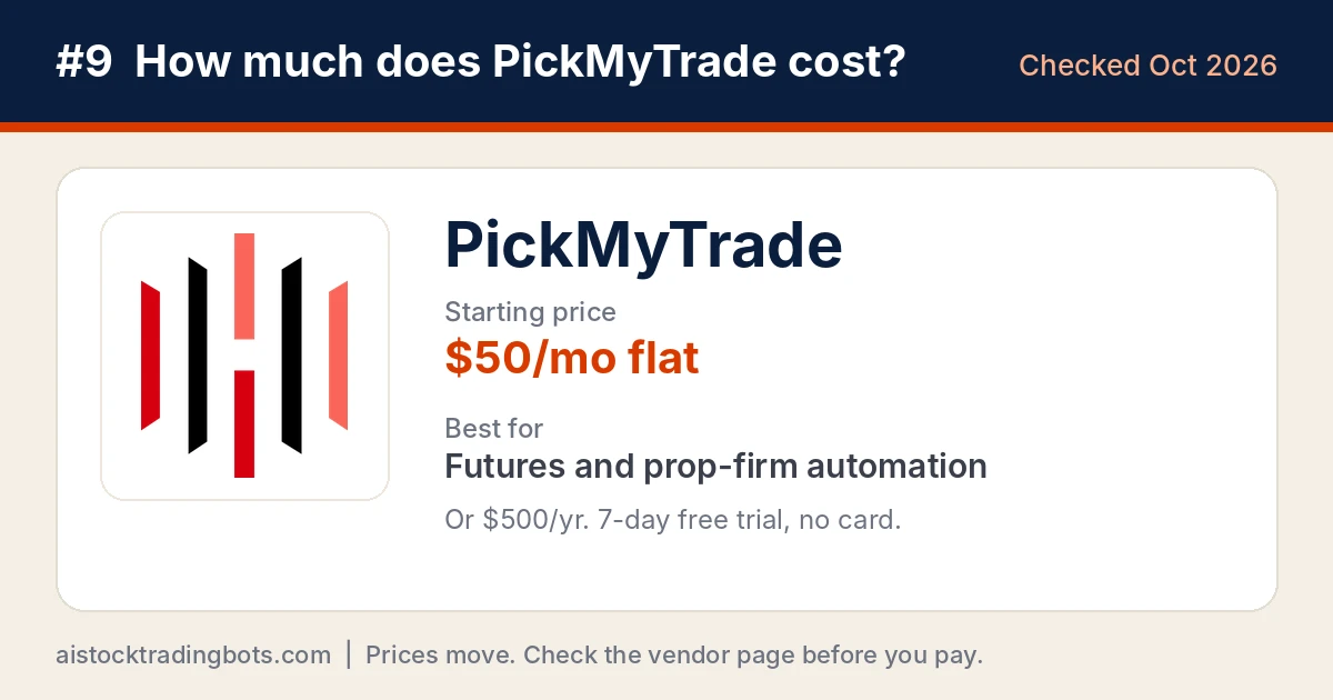 PickMyTrade logo card showing a flat $50 a month or $500 a year and a 7-day free trial