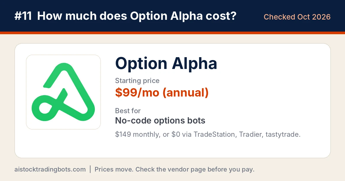 Option Alpha logo card showing $99 a month billed annually or $149 monthly, and $0 through partner brokers