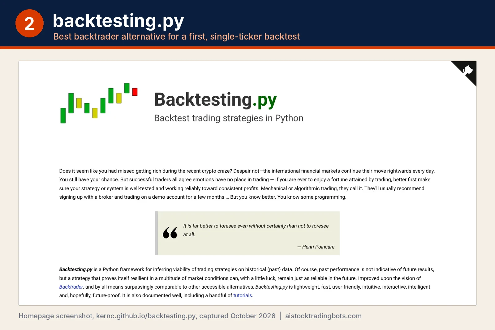 Number 2 backtrader alternative backtesting.py: homepage screenshot of kernc.github.io/backtesting.py with its candlestick logo and tagline Backtest trading strategies in Python