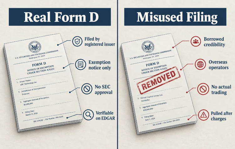 Side by side illustration comparing a real SEC Form D exemption notice with a misused filing stamped REMOVED after enforcement charges