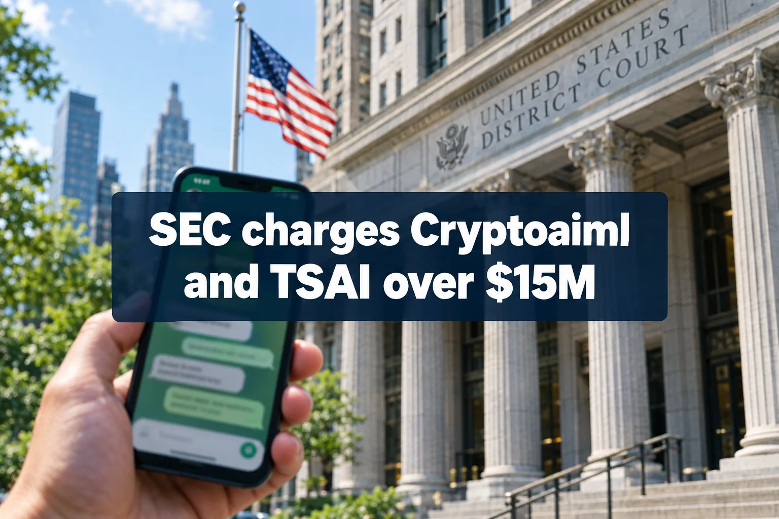 US District Court building in Manhattan with a hand holding a phone showing a WhatsApp chat, headline reading SEC charges Cryptoaiml and TSAI over $15M