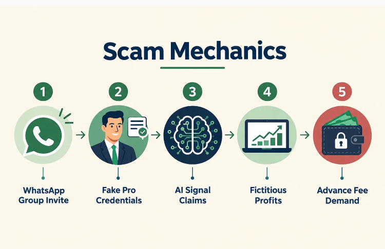 Five step scam mechanics diagram: WhatsApp group invite, fake pro credentials, AI signal claims, fictitious profits, advance fee demand