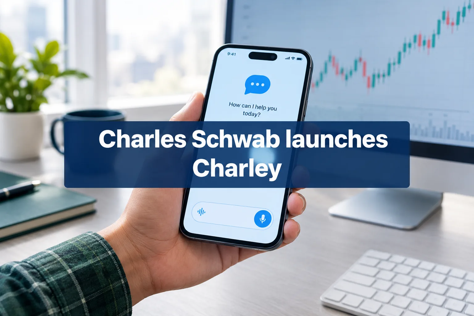 Phone showing an AI chat assistant prompt with the headline Charles Schwab launches Charley