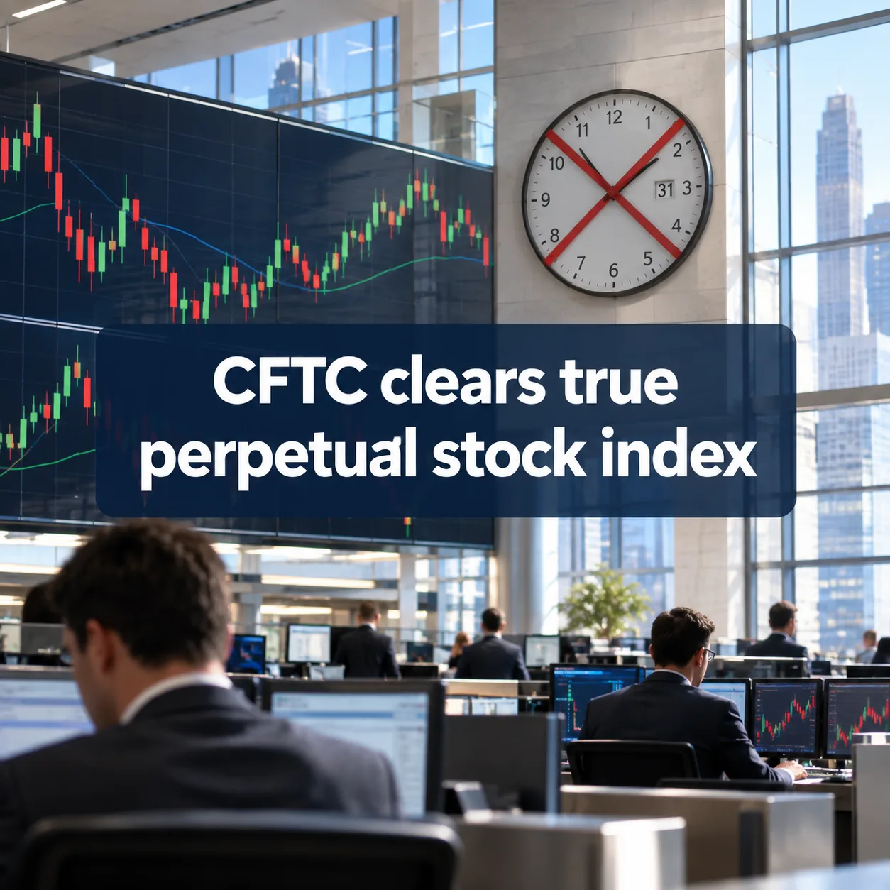 Trading floor with index charts and a crossed-out clock, headline reading CFTC clears true perpetual stock index futures