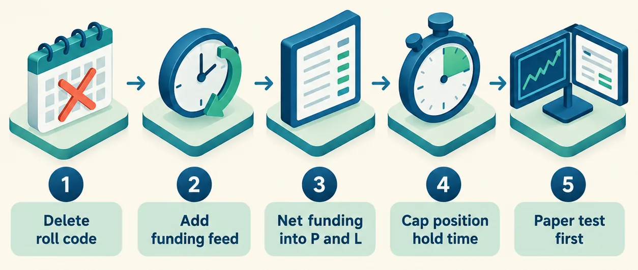 Five-step checklist for adapting a trading bot to perpetual index futures: delete roll code, add funding feed, net funding into P and L, cap hold time, paper test first