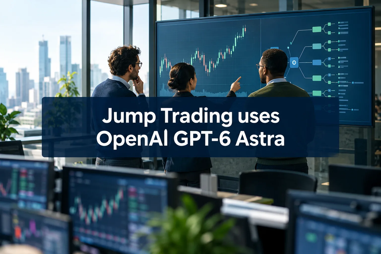 Quant researchers review a candlestick chart and agent workflow diagram, captioned Jump Trading uses OpenAI GPT-6 Astra