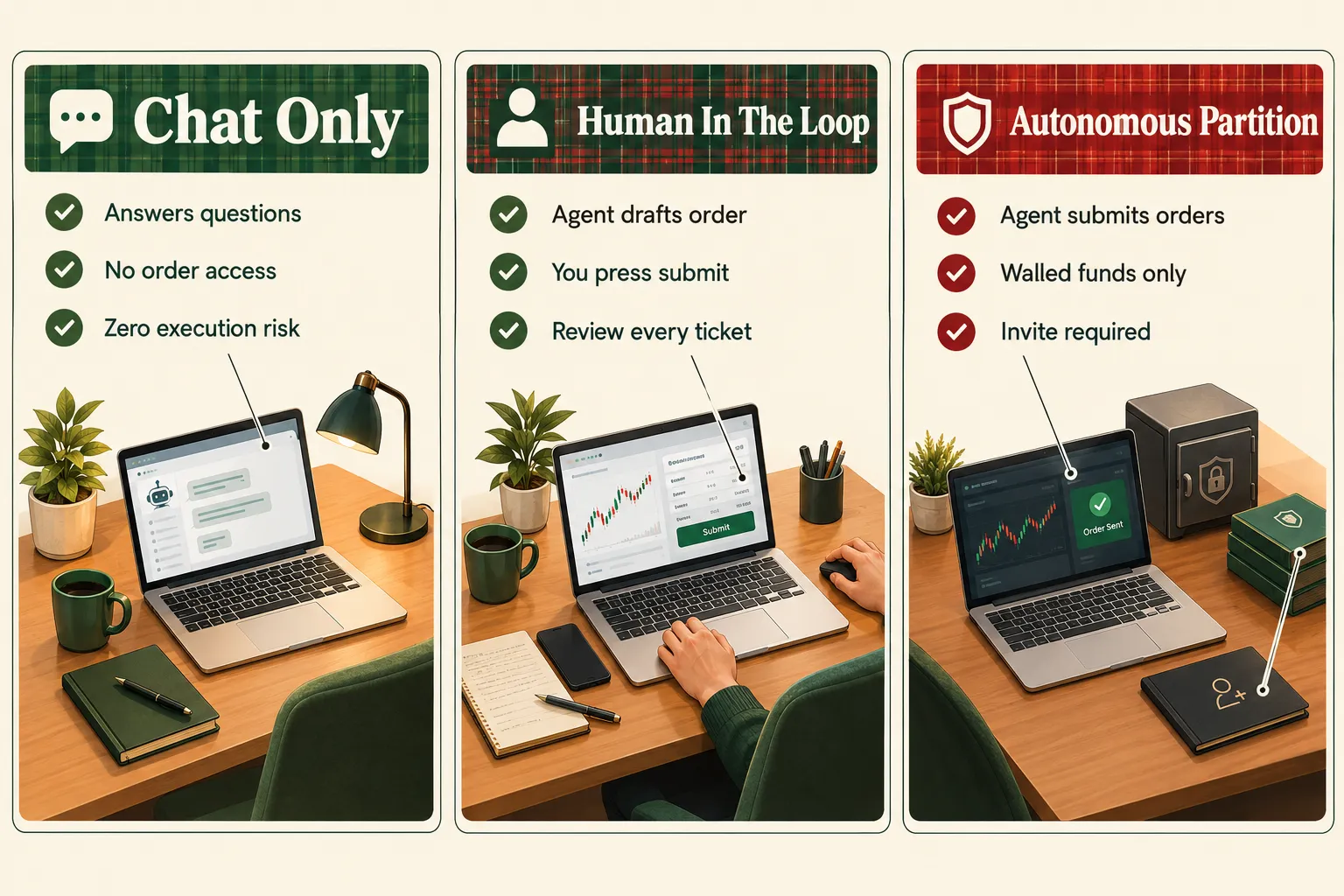 Three-panel comparison of chat only, human in the loop, and autonomous partition levels of trading automation