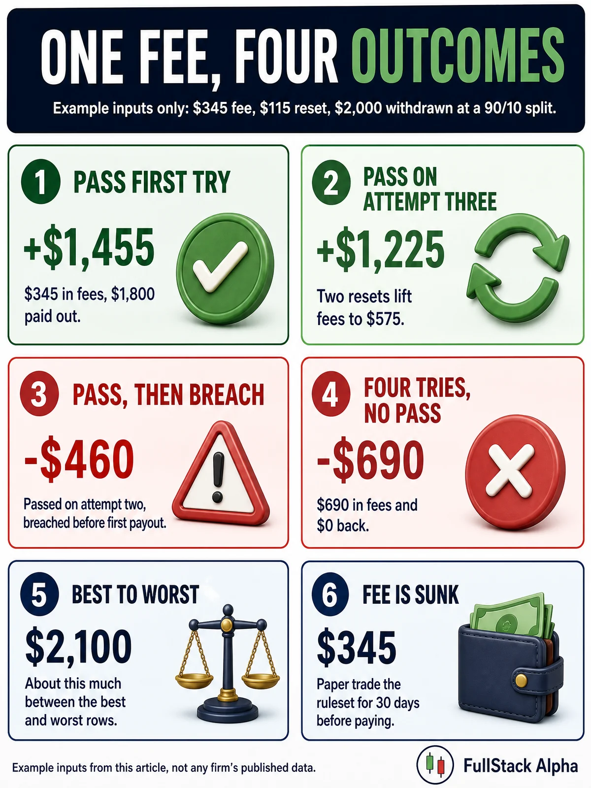 Infographic: one prop firm fee and four example outcomes, from plus $1,455 after passing first try to minus $690 after four failed tries, using example inputs of a $345 fee, $115 reset and $2,000 withdrawn at a 90/10 split.