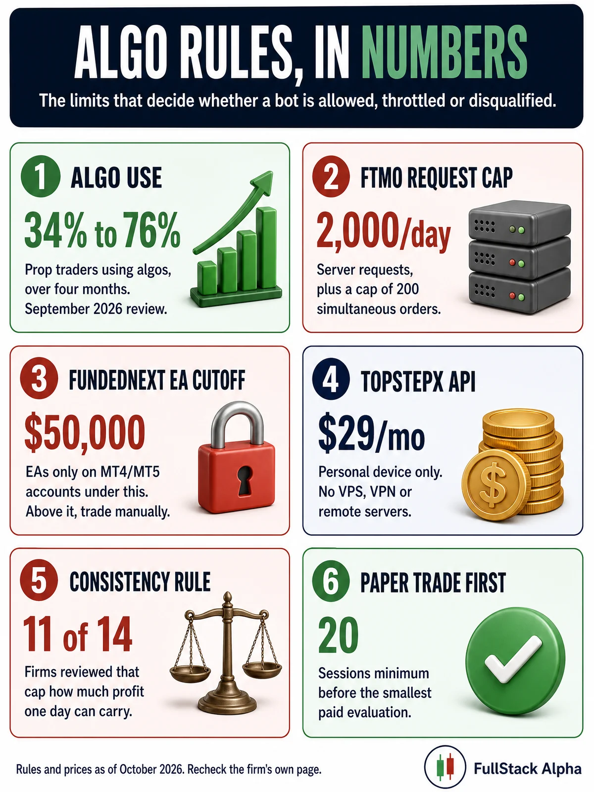 Infographic: algo trading rules at prop firms in numbers, including 34% to 76% of prop traders using algos, an FTMO 2,000 requests per day cap, a FundedNext $50,000 EA cutoff, a TopstepX API at $29 a month and an 11 of 14 firm consistency rule.