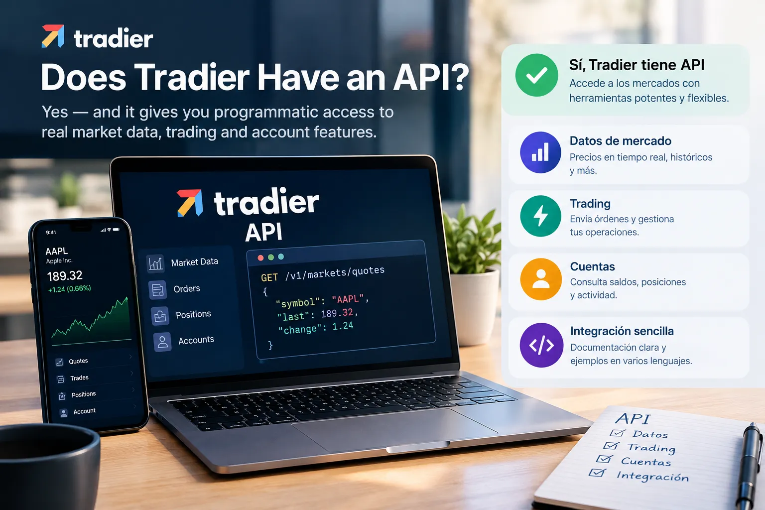 Laptop and phone showing a Tradier API quotes request and a stock quote, beside a panel listing market data, trading, accounts and simple integration.