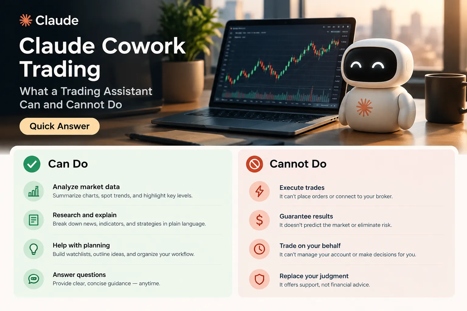 Cartoon robot beside a trading laptop under a Claude Cowork Trading title, with two panels listing what the assistant can do and what it cannot do.