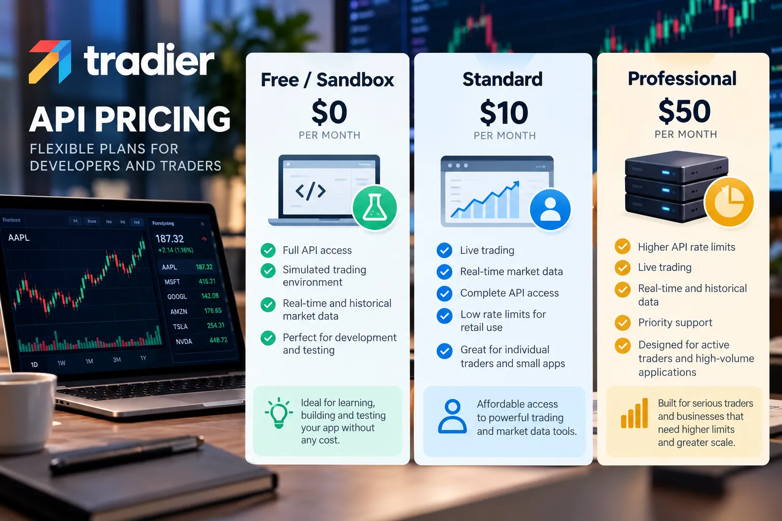 Tradier API pricing graphic with three plan cards, free sandbox, standard and professional, over a blurred trading desk.