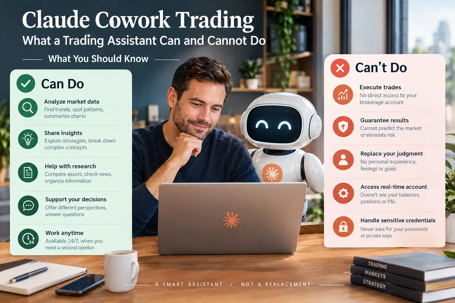 Man at a laptop with a small robot, flanked by lists of what a trading assistant can do, such as analyze data and share insights, and cannot do, such as execute trades.