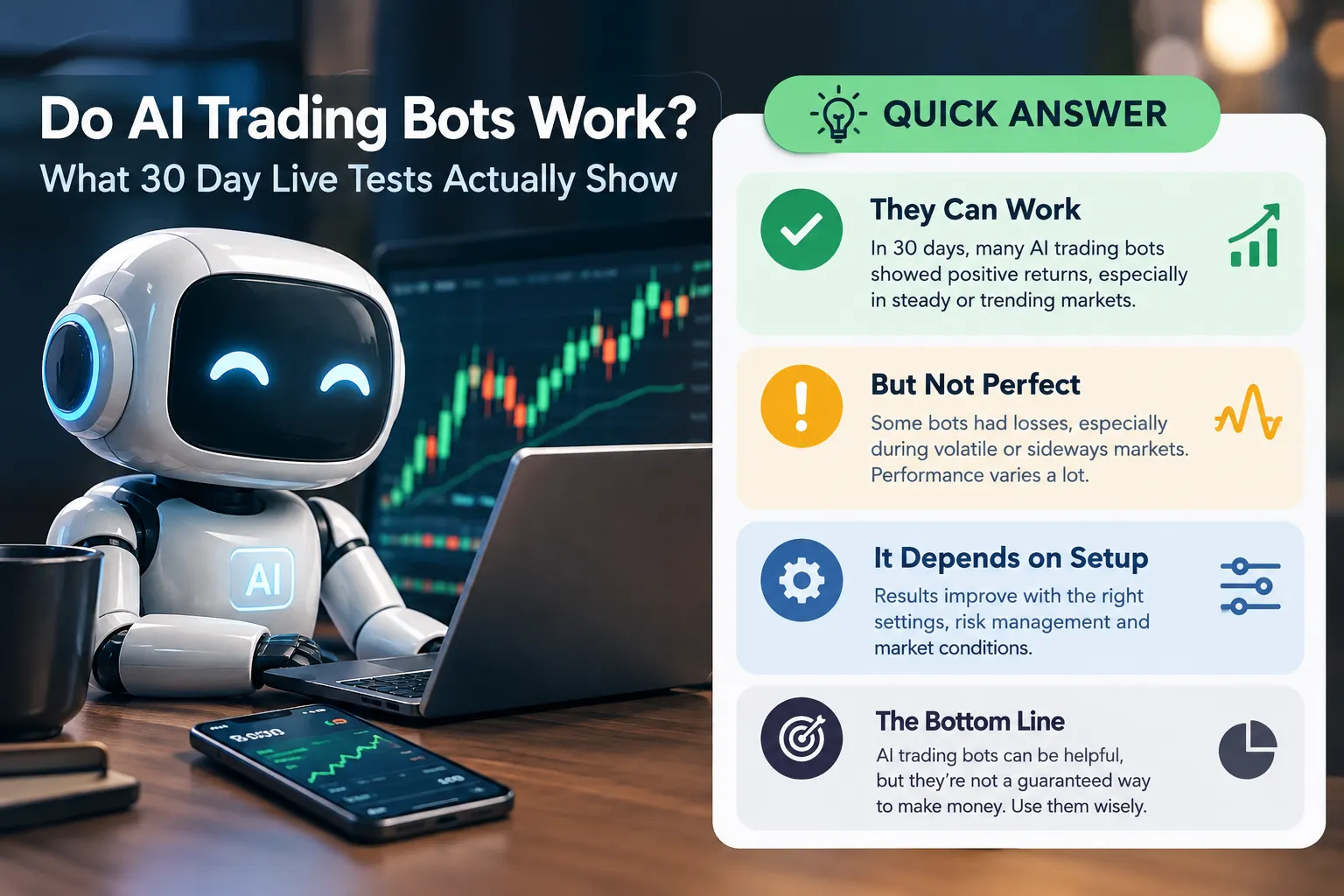 Cartoon robot at a laptop beside a Quick Answer card that says AI trading bots can work but are not perfect and depend on setup.
