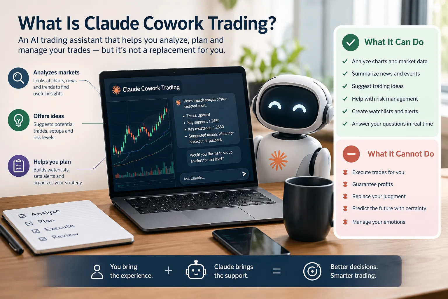 Laptop showing a Claude Cowork Trading chat and a chart, with a robot and side lists of what the assistant can and cannot do for a trader.