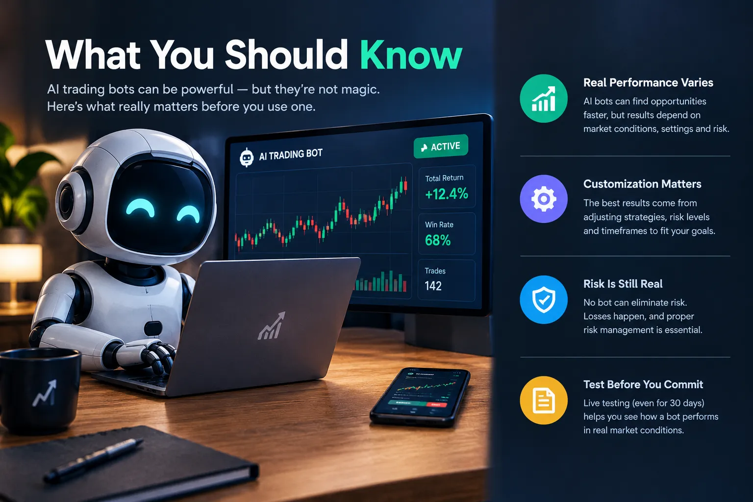 Cartoon robot at a desk with a trading screen, next to four short points: performance varies, customization matters, risk is still real, test before you commit.