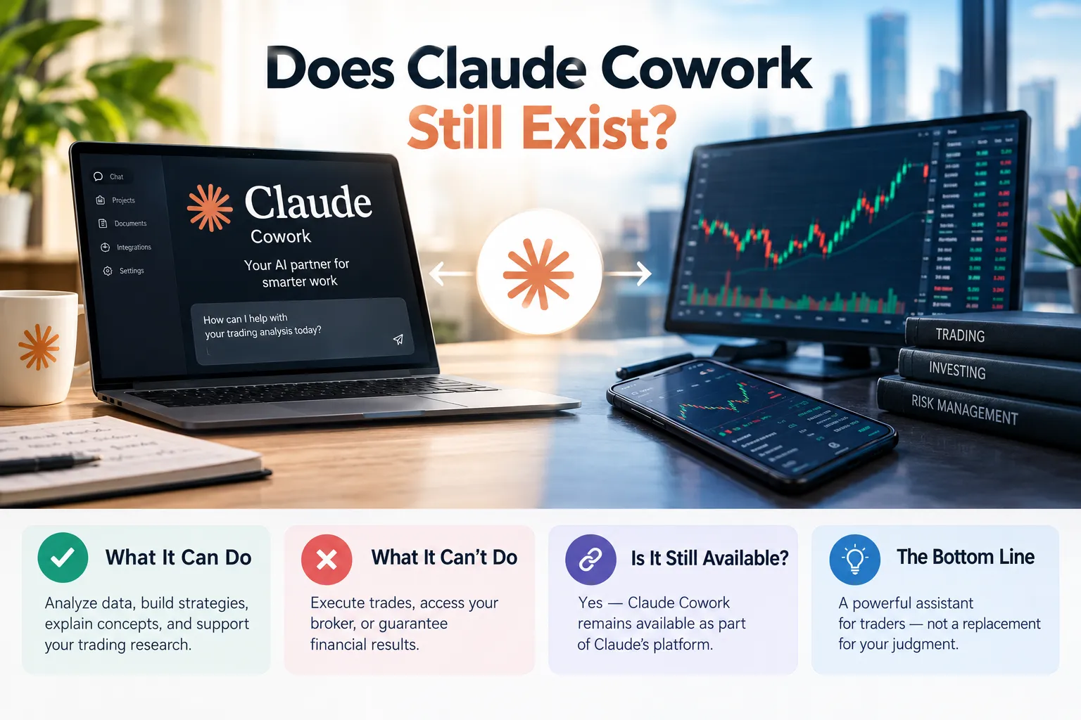 Claude Cowork app window on a laptop beside a trading chart and phone, with four tiles: what it can do, what it cannot do, is it still available, the bottom line.