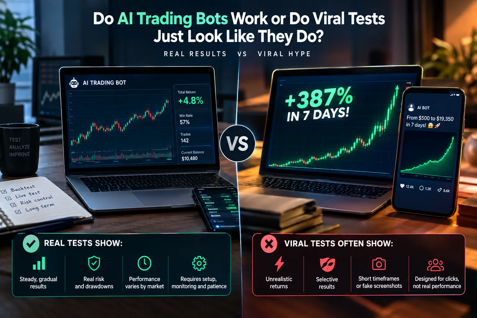 Split image contrasting real tests with modest results on the left against a viral test claiming plus 387% in 7 days on the right.