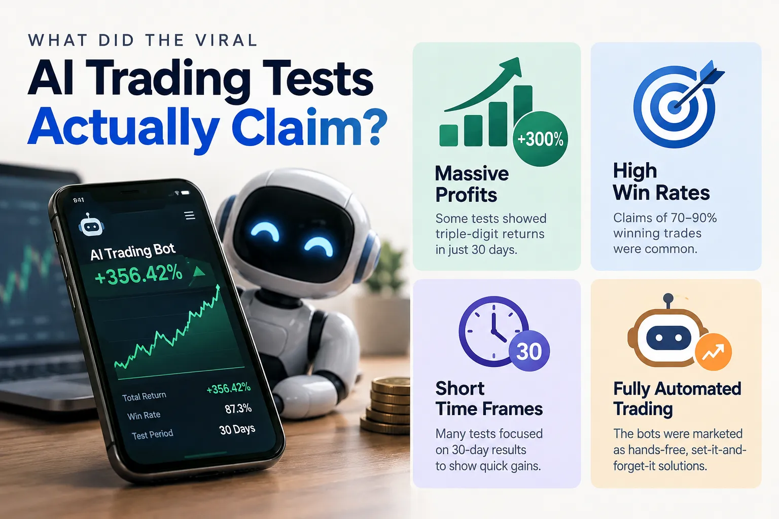 Phone showing an AI trading bot with a large percentage gain, beside four tiles on common viral claims: huge profits, high win rates, short time frames, full automation.