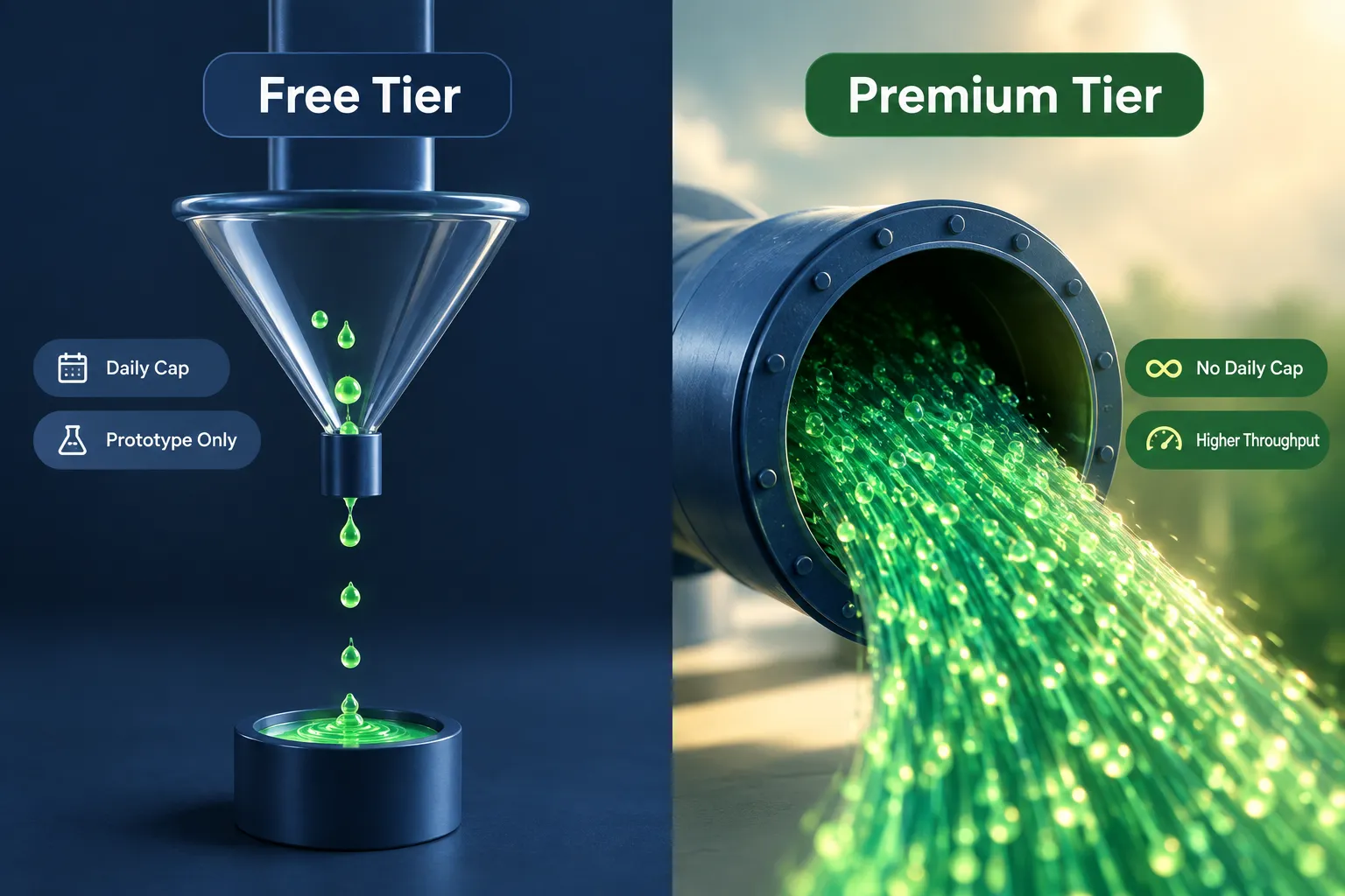 Split image comparing the free tier, a funnel dripping water under a daily cap, with the premium tier, a wide pipe pouring out data with no daily cap.