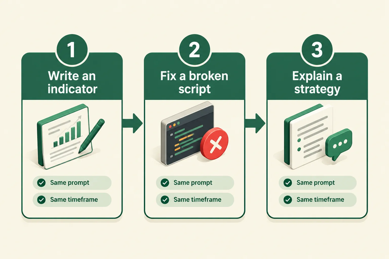 Three-step test plan: write an indicator, fix a broken script, explain a strategy, each with the same prompt and the same timeframe.