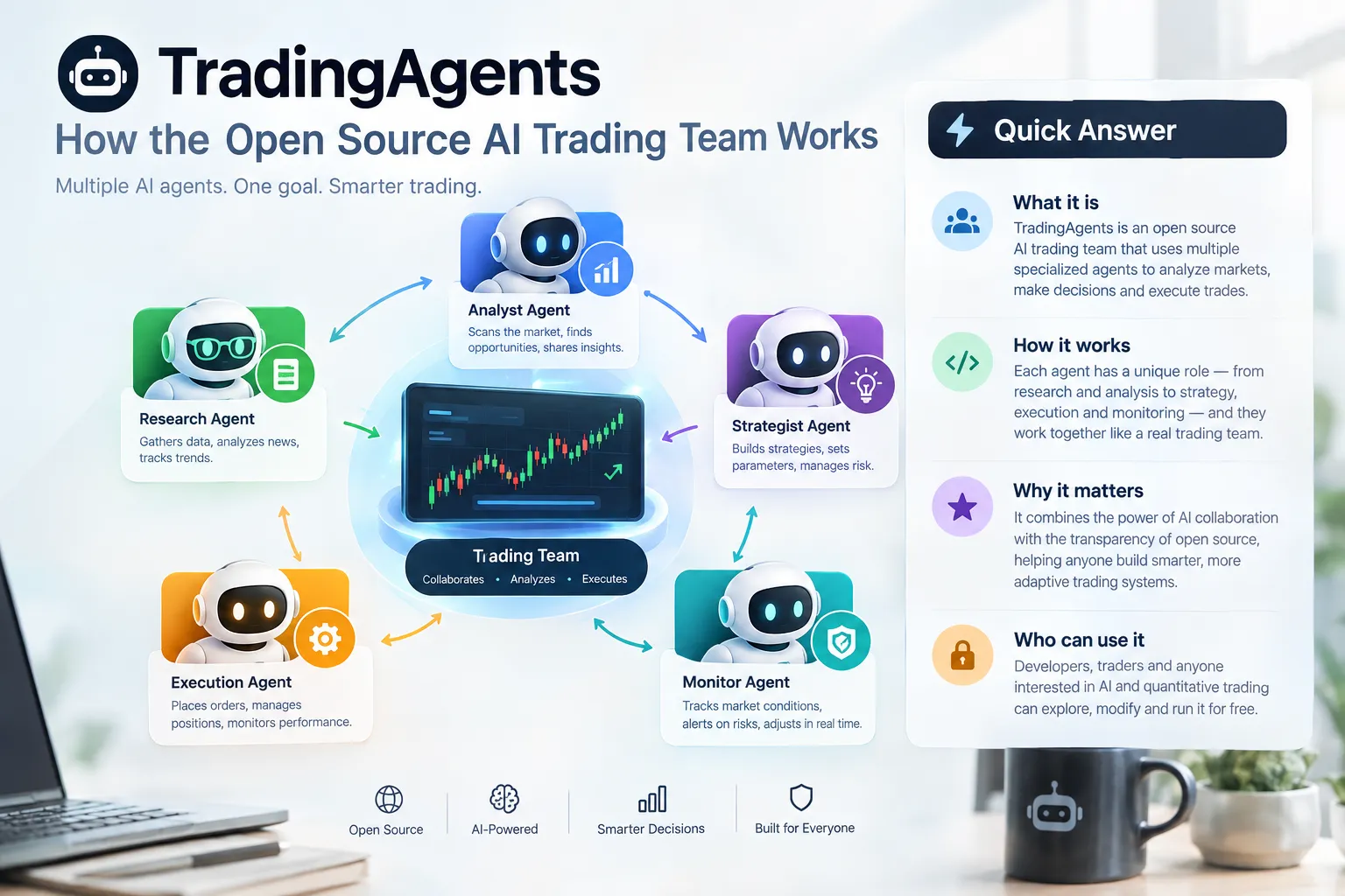Illustrated team of robot agents around a trading screen, labeled research, analyst, strategist, execution and monitor, with a Quick Answer panel on what TradingAgents is.
