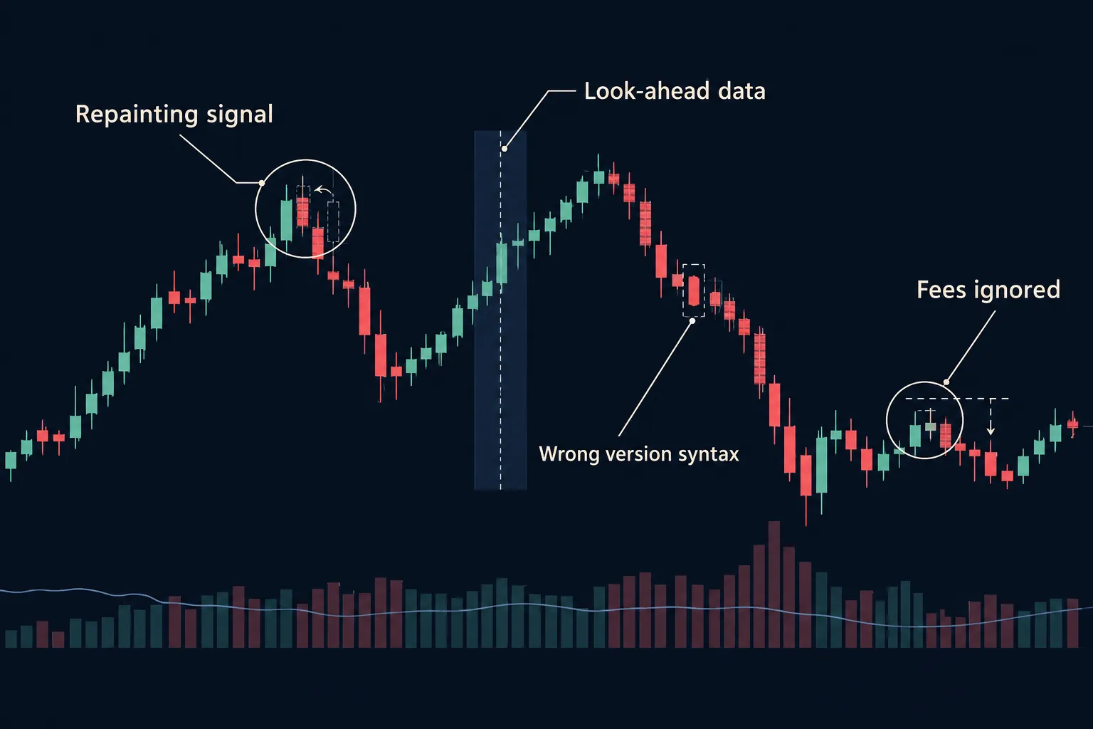 Dark price chart annotated with four AI Pine Script problems: a repainting signal, look-ahead data, wrong version syntax and fees ignored.