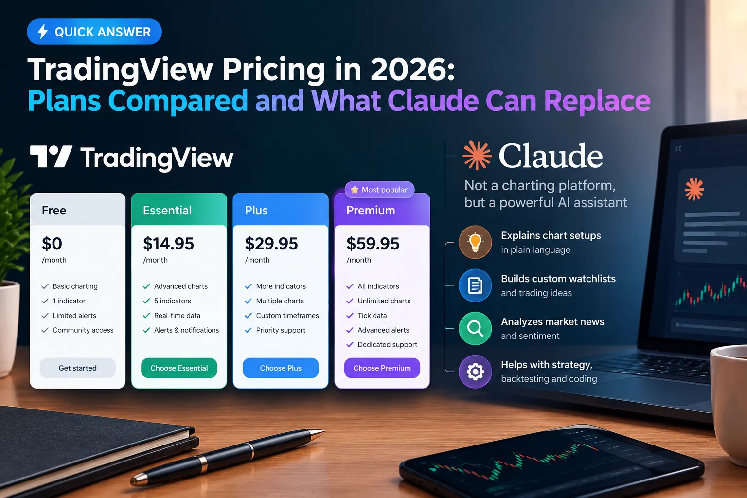 TradingView pricing cards for Free, Essential, Plus and Premium next to a Claude panel listing what it can help with, such as watchlists and market news.