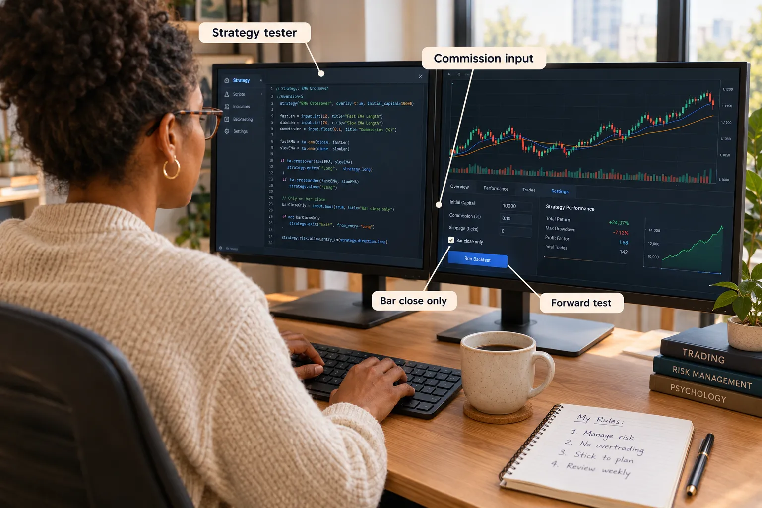 Trader at a two-monitor desk with a strategy tester open, callouts pointing to the commission input, bar close only and forward test settings.