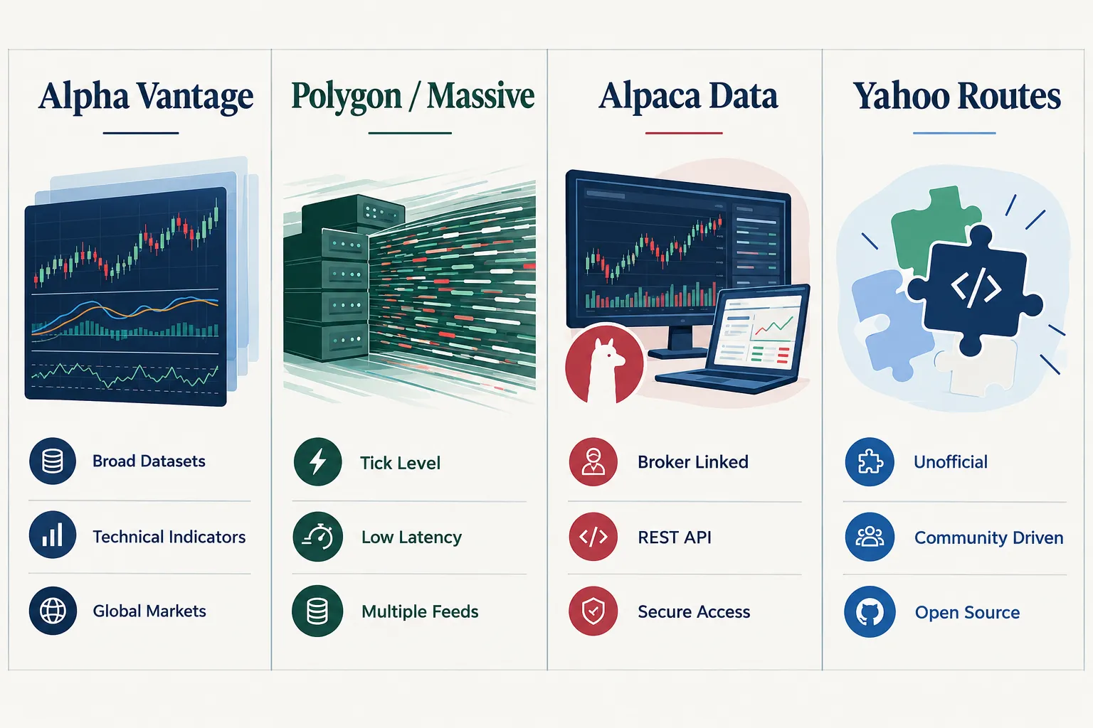 Four-column comparison of Alpha Vantage, Polygon/Massive, Alpaca data and Yahoo routes, each with three short labels such as broad datasets, tick level and unofficial.