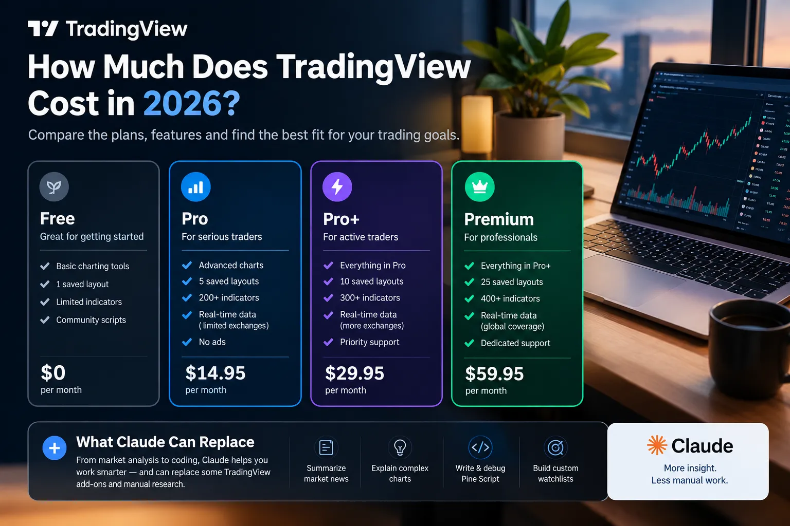 Four TradingView plan cards with monthly prices from free to $59.95, above a strip describing what Claude can replace, such as Pine Script help.