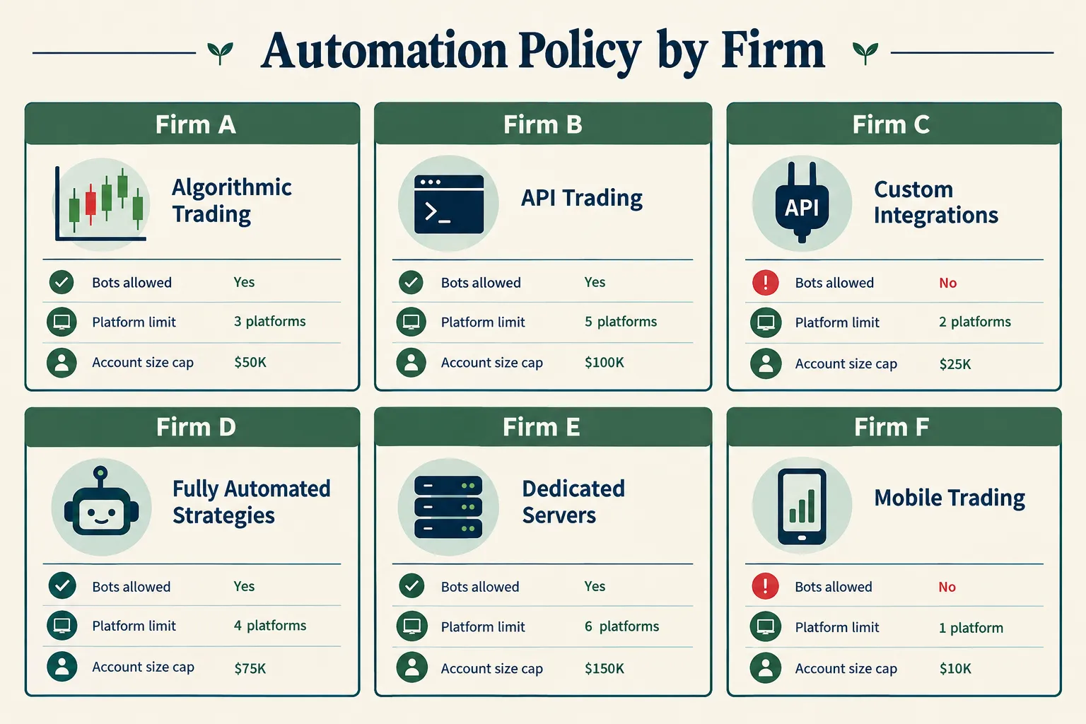 Grid of six placeholder firms labeled Firm A to Firm F, each showing whether bots are allowed, a platform limit and an account size cap; the figures are illustrative, not real firm rules.