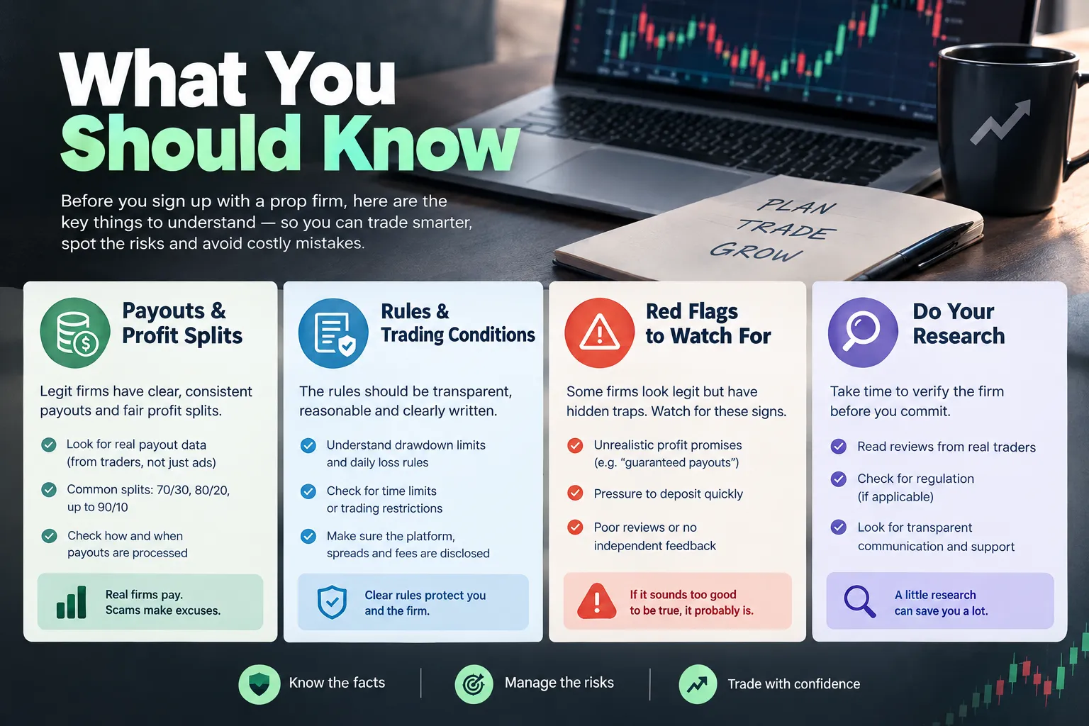 Four-column summary graphic covering payouts and profit splits, rules and trading conditions, red flags and doing your own research.