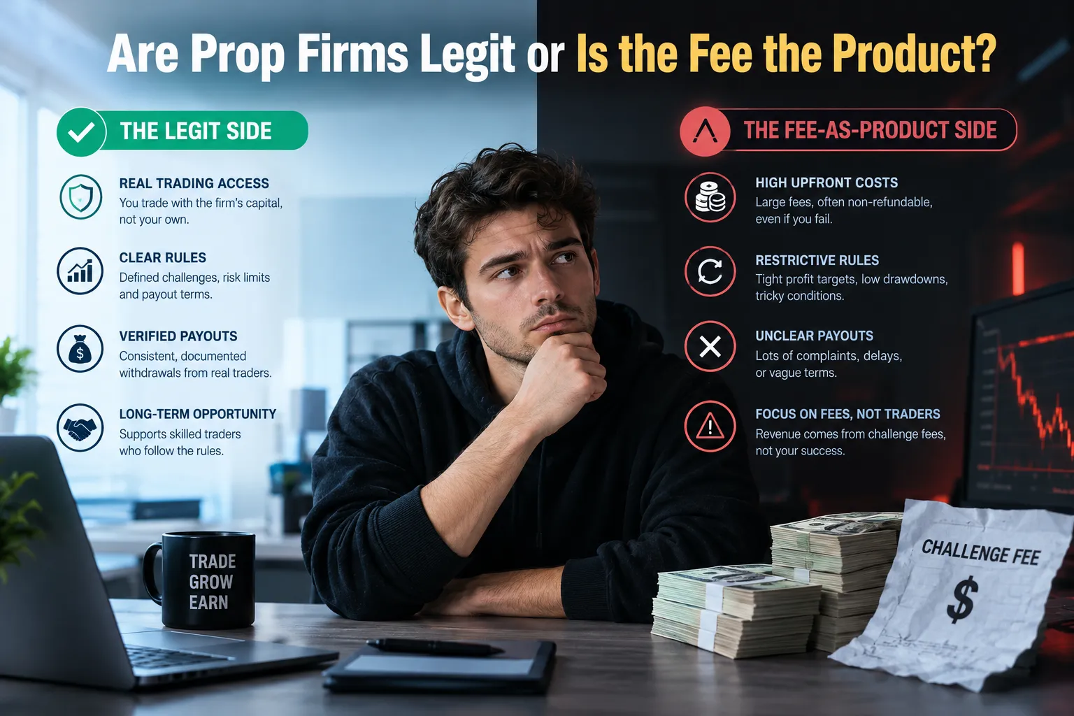 Split graphic of the legit side (real trading access, clear rules, verified payouts) against the fee-as-product side (high upfront costs, restrictive rules, unclear payouts), with a worried trader and a stack of cash.